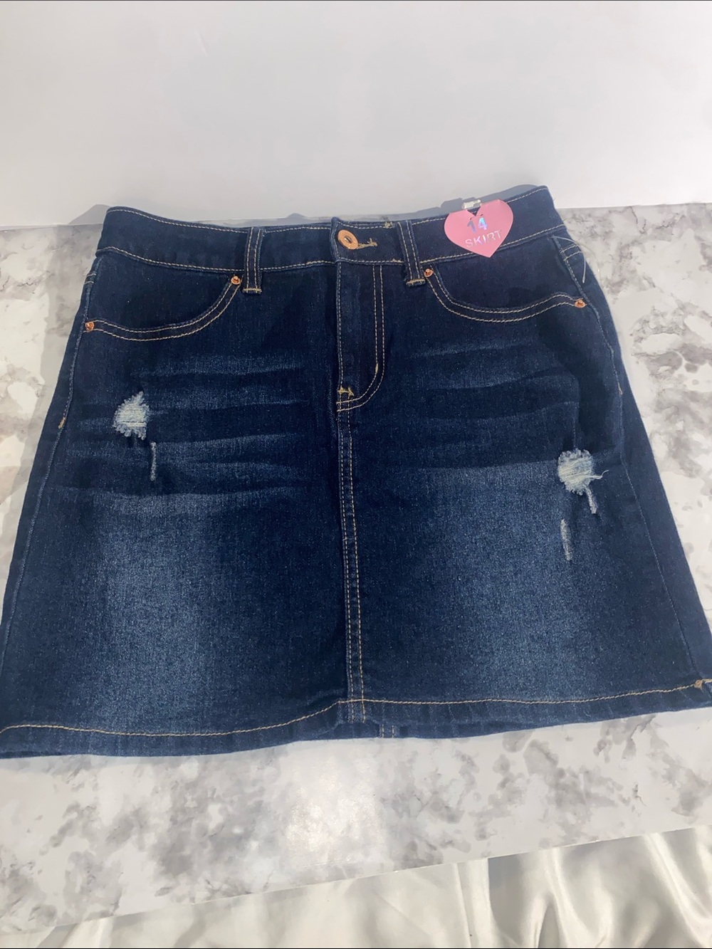Girls Dark Blue Distressed Denim Mini Skirt - Casual Everyday Style